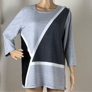 Alfred Dunner Cotton Blend Classic Color Block Gray Sweater with 3/4 Sleeves